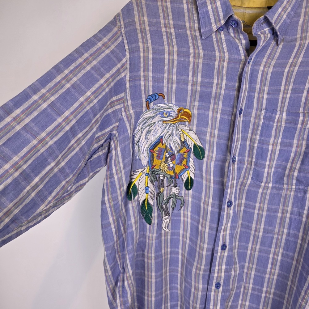 Indigo Palms Tommy Bahama Men's M Linen Plaid Shirt Embroidered Eagle Resortwear - Picture 3 of 10